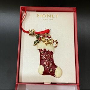2024 MONET Gold-tone Enameled Red Stocking Christmas Ornament New